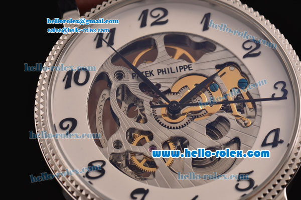 Patek Philippe Grand Complications Asia 3836 Automatic Steel Case with Brown Leather Strap Skeleton Dial Numeral Markers - Click Image to Close